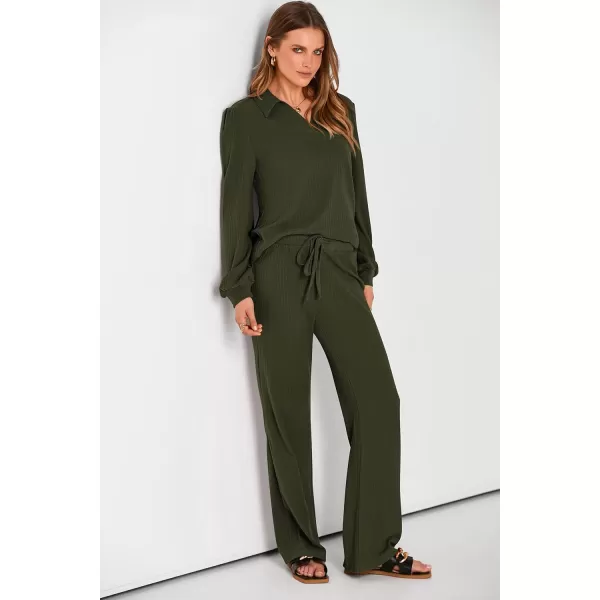 PRETTYGARDEN Womens Fall Clothes Two Piece Outfit Set Long Sleeve Lapel V Neck Tops Blouses Wide Leg Pants Ribbed TracksuitArmy Green