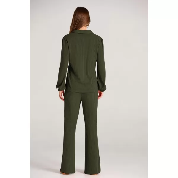 PRETTYGARDEN Womens Fall Clothes Two Piece Outfit Set Long Sleeve Lapel V Neck Tops Blouses Wide Leg Pants Ribbed TracksuitArmy Green