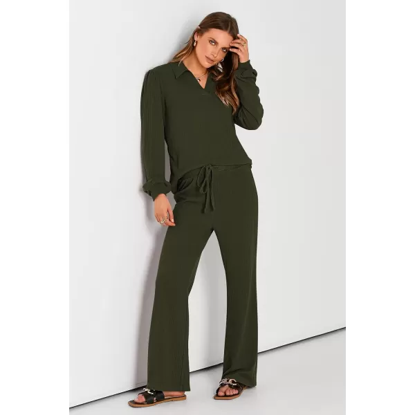 PRETTYGARDEN Womens Fall Clothes Two Piece Outfit Set Long Sleeve Lapel V Neck Tops Blouses Wide Leg Pants Ribbed TracksuitArmy Green