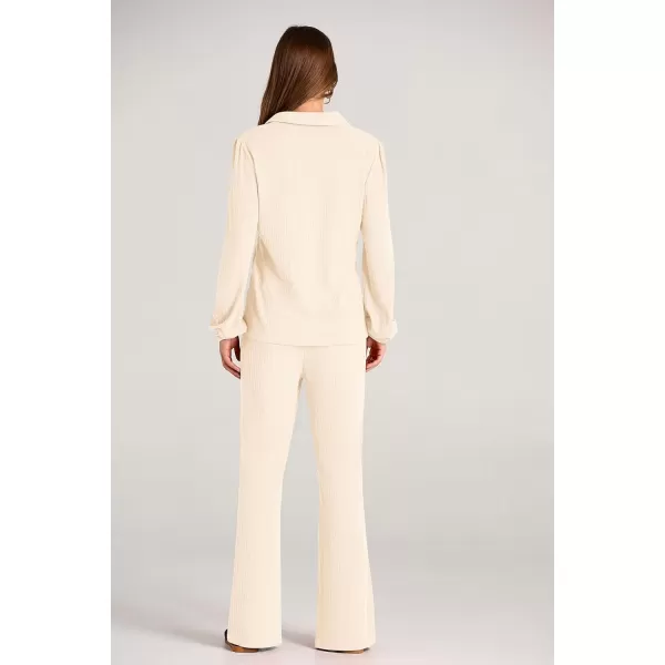PRETTYGARDEN Womens Fall Clothes Two Piece Outfit Set Long Sleeve Lapel V Neck Tops Blouses Wide Leg Pants Ribbed TracksuitBeige