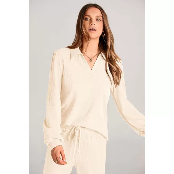 PRETTYGARDEN Womens Fall Clothes Two Piece Outfit Set Long Sleeve Lapel V Neck Tops Blouses Wide Leg Pants Ribbed TracksuitBeige