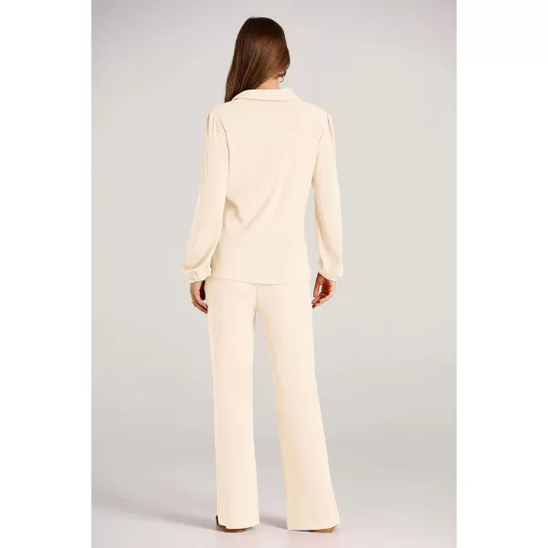 PRETTYGARDEN Womens Fall Clothes Two Piece Outfit Set Long Sleeve Lapel V Neck Tops Blouses Wide Leg Pants Ribbed TracksuitBeige