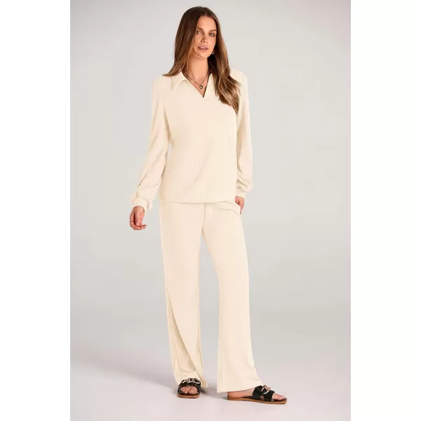 PRETTYGARDEN Womens Fall Clothes Two Piece Outfit Set Long Sleeve Lapel V Neck Tops Blouses Wide Leg Pants Ribbed TracksuitBeige