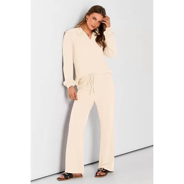 PRETTYGARDEN Womens Fall Clothes Two Piece Outfit Set Long Sleeve Lapel V Neck Tops Blouses Wide Leg Pants Ribbed TracksuitBeige