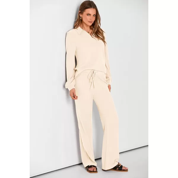PRETTYGARDEN Womens Fall Clothes Two Piece Outfit Set Long Sleeve Lapel V Neck Tops Blouses Wide Leg Pants Ribbed TracksuitBeige
