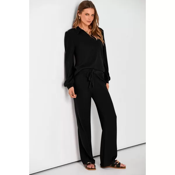 PRETTYGARDEN Womens Fall Clothes Two Piece Outfit Set Long Sleeve Lapel V Neck Tops Blouses Wide Leg Pants Ribbed TracksuitBlack