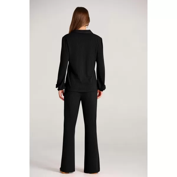 PRETTYGARDEN Womens Fall Clothes Two Piece Outfit Set Long Sleeve Lapel V Neck Tops Blouses Wide Leg Pants Ribbed TracksuitBlack