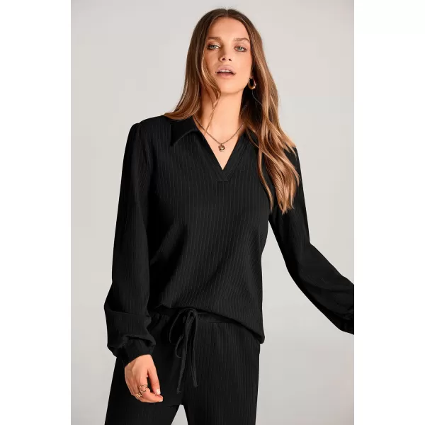 PRETTYGARDEN Womens Fall Clothes Two Piece Outfit Set Long Sleeve Lapel V Neck Tops Blouses Wide Leg Pants Ribbed TracksuitBlack