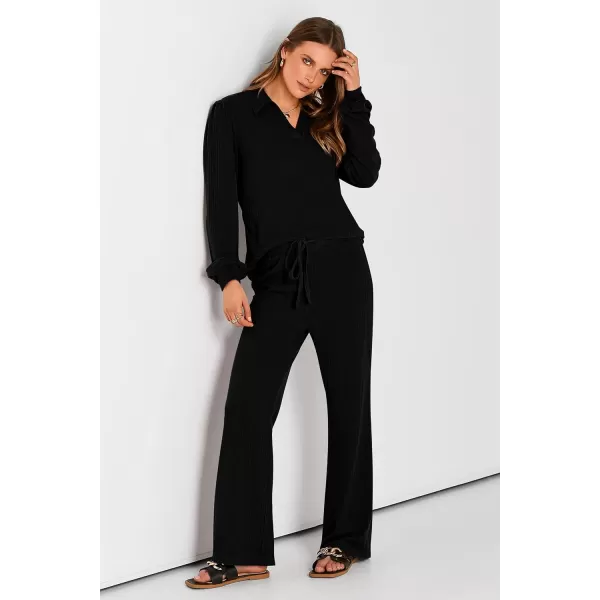 PRETTYGARDEN Womens Fall Clothes Two Piece Outfit Set Long Sleeve Lapel V Neck Tops Blouses Wide Leg Pants Ribbed TracksuitBlack