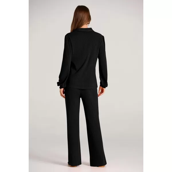 PRETTYGARDEN Womens Fall Clothes Two Piece Outfit Set Long Sleeve Lapel V Neck Tops Blouses Wide Leg Pants Ribbed TracksuitBlack