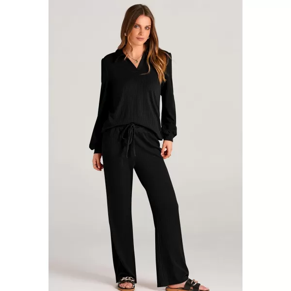 PRETTYGARDEN Womens Fall Clothes Two Piece Outfit Set Long Sleeve Lapel V Neck Tops Blouses Wide Leg Pants Ribbed TracksuitBlack