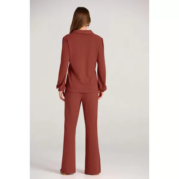 PRETTYGARDEN Womens Fall Clothes Two Piece Outfit Set Long Sleeve Lapel V Neck Tops Blouses Wide Leg Pants Ribbed TracksuitBrick Red