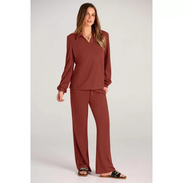 PRETTYGARDEN Womens Fall Clothes Two Piece Outfit Set Long Sleeve Lapel V Neck Tops Blouses Wide Leg Pants Ribbed TracksuitBrick Red