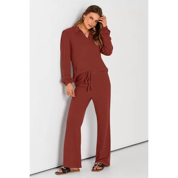 PRETTYGARDEN Womens Fall Clothes Two Piece Outfit Set Long Sleeve Lapel V Neck Tops Blouses Wide Leg Pants Ribbed TracksuitBrick Red