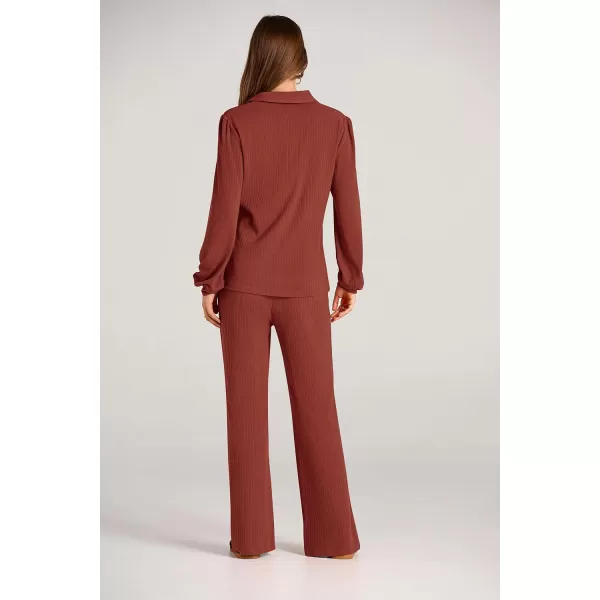 PRETTYGARDEN Womens Fall Clothes Two Piece Outfit Set Long Sleeve Lapel V Neck Tops Blouses Wide Leg Pants Ribbed TracksuitBrick Red