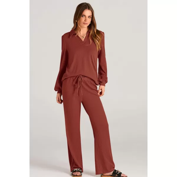 PRETTYGARDEN Womens Fall Clothes Two Piece Outfit Set Long Sleeve Lapel V Neck Tops Blouses Wide Leg Pants Ribbed TracksuitBrick Red