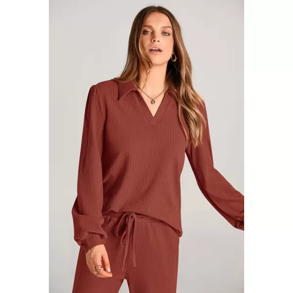 PRETTYGARDEN Womens Fall Clothes Two Piece Outfit Set Long Sleeve Lapel V Neck Tops Blouses Wide Leg Pants Ribbed TracksuitBrick Red