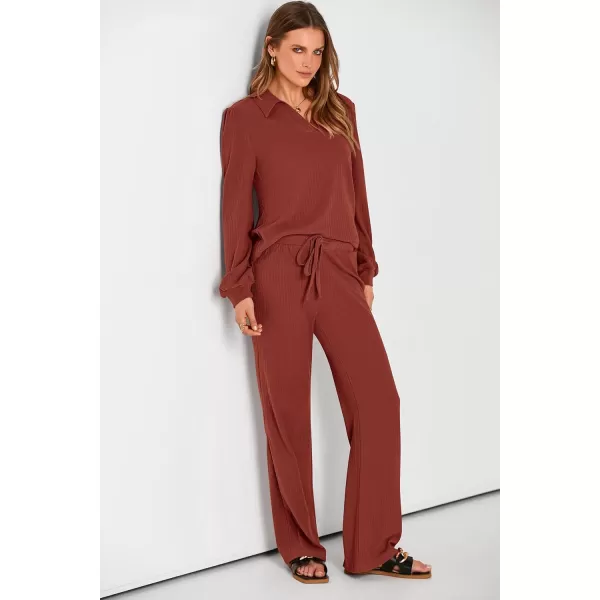 PRETTYGARDEN Womens Fall Clothes Two Piece Outfit Set Long Sleeve Lapel V Neck Tops Blouses Wide Leg Pants Ribbed TracksuitBrick Red