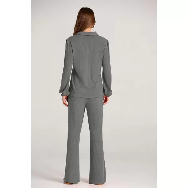 PRETTYGARDEN Womens Fall Clothes Two Piece Outfit Set Long Sleeve Lapel V Neck Tops Blouses Wide Leg Pants Ribbed TracksuitGrey