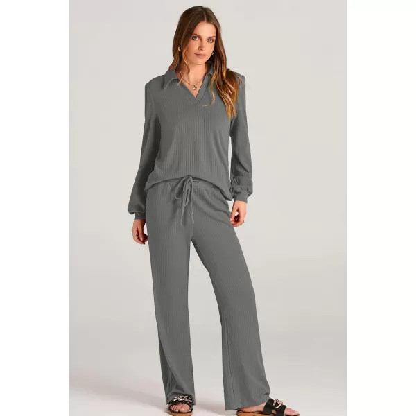 PRETTYGARDEN Womens Fall Clothes Two Piece Outfit Set Long Sleeve Lapel V Neck Tops Blouses Wide Leg Pants Ribbed TracksuitGrey