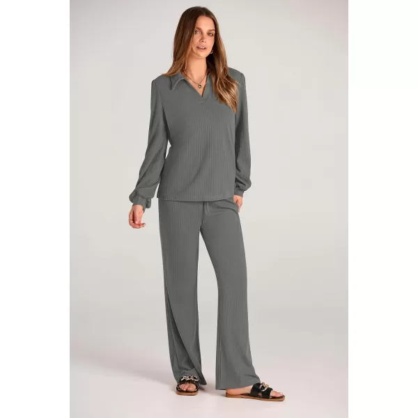 PRETTYGARDEN Womens Fall Clothes Two Piece Outfit Set Long Sleeve Lapel V Neck Tops Blouses Wide Leg Pants Ribbed TracksuitGrey
