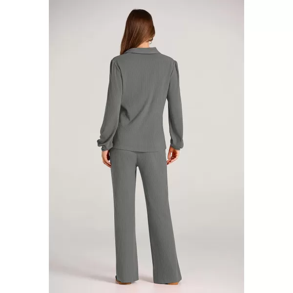 PRETTYGARDEN Womens Fall Clothes Two Piece Outfit Set Long Sleeve Lapel V Neck Tops Blouses Wide Leg Pants Ribbed TracksuitGrey