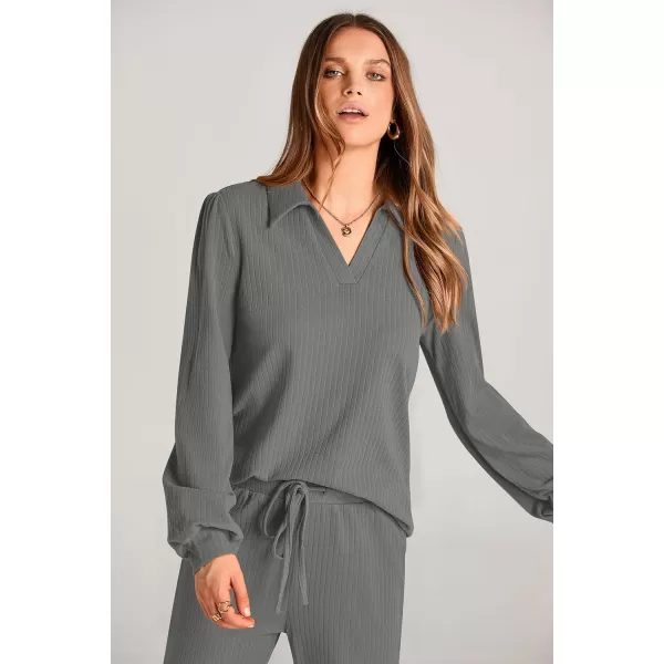 PRETTYGARDEN Womens Fall Clothes Two Piece Outfit Set Long Sleeve Lapel V Neck Tops Blouses Wide Leg Pants Ribbed TracksuitGrey