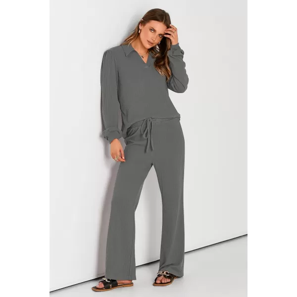 PRETTYGARDEN Womens Fall Clothes Two Piece Outfit Set Long Sleeve Lapel V Neck Tops Blouses Wide Leg Pants Ribbed TracksuitGrey