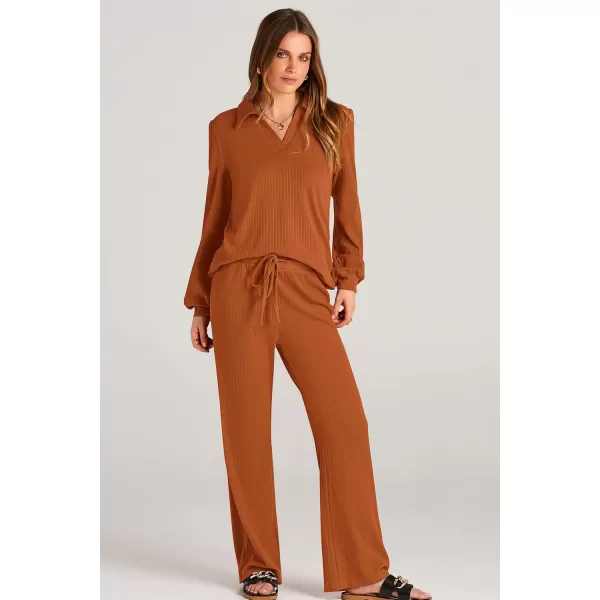 PRETTYGARDEN Womens Fall Clothes Two Piece Outfit Set Long Sleeve Lapel V Neck Tops Blouses Wide Leg Pants Ribbed TracksuitLight Brown
