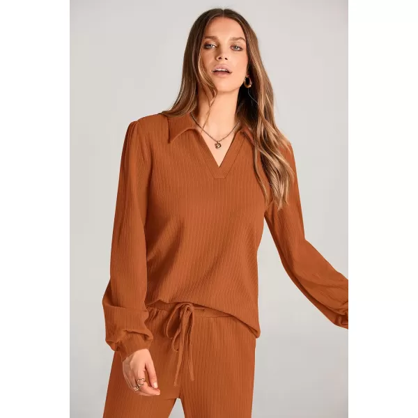 PRETTYGARDEN Womens Fall Clothes Two Piece Outfit Set Long Sleeve Lapel V Neck Tops Blouses Wide Leg Pants Ribbed TracksuitLight Brown