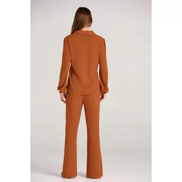 PRETTYGARDEN Womens Fall Clothes Two Piece Outfit Set Long Sleeve Lapel V Neck Tops Blouses Wide Leg Pants Ribbed TracksuitLight Brown