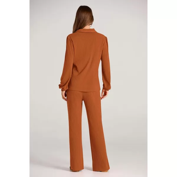 PRETTYGARDEN Womens Fall Clothes Two Piece Outfit Set Long Sleeve Lapel V Neck Tops Blouses Wide Leg Pants Ribbed TracksuitLight Brown