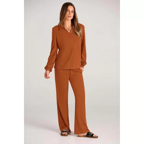 PRETTYGARDEN Womens Fall Clothes Two Piece Outfit Set Long Sleeve Lapel V Neck Tops Blouses Wide Leg Pants Ribbed TracksuitLight Brown