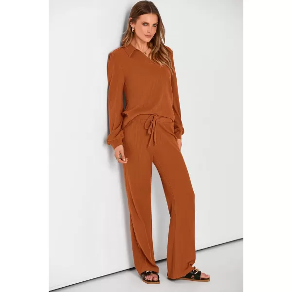 PRETTYGARDEN Womens Fall Clothes Two Piece Outfit Set Long Sleeve Lapel V Neck Tops Blouses Wide Leg Pants Ribbed TracksuitLight Brown