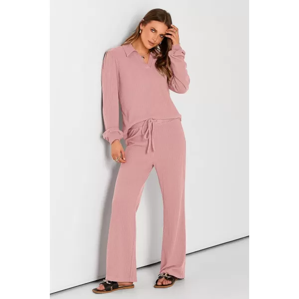 PRETTYGARDEN Womens Fall Clothes Two Piece Outfit Set Long Sleeve Lapel V Neck Tops Blouses Wide Leg Pants Ribbed TracksuitPink