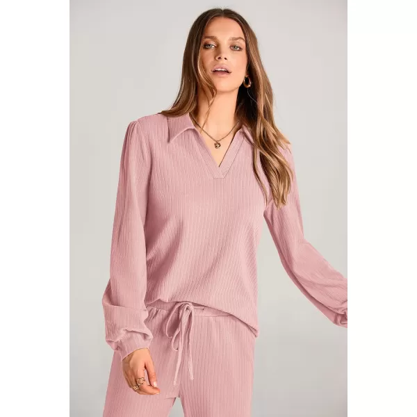 PRETTYGARDEN Womens Fall Clothes Two Piece Outfit Set Long Sleeve Lapel V Neck Tops Blouses Wide Leg Pants Ribbed TracksuitPink