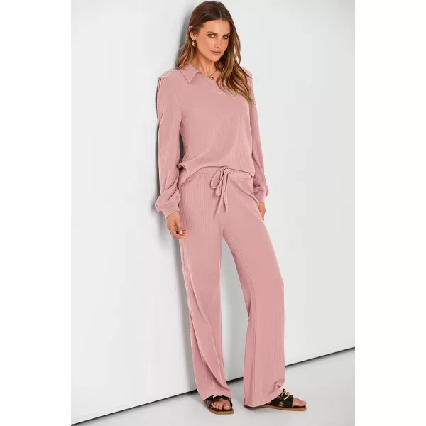 PRETTYGARDEN Womens Fall Clothes Two Piece Outfit Set Long Sleeve Lapel V Neck Tops Blouses Wide Leg Pants Ribbed TracksuitPink