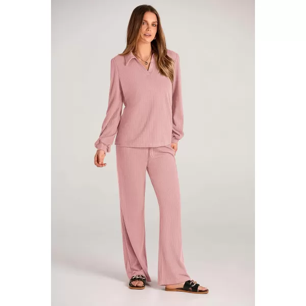 PRETTYGARDEN Womens Fall Clothes Two Piece Outfit Set Long Sleeve Lapel V Neck Tops Blouses Wide Leg Pants Ribbed TracksuitPink