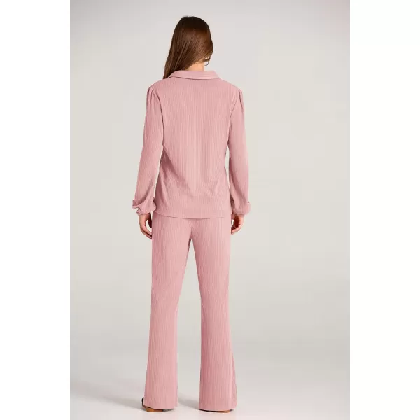 PRETTYGARDEN Womens Fall Clothes Two Piece Outfit Set Long Sleeve Lapel V Neck Tops Blouses Wide Leg Pants Ribbed TracksuitPink