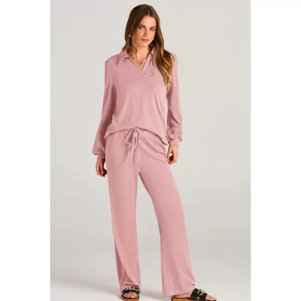 PRETTYGARDEN Womens Fall Clothes Two Piece Outfit Set Long Sleeve Lapel V Neck Tops Blouses Wide Leg Pants Ribbed TracksuitPink