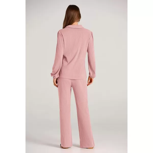 PRETTYGARDEN Womens Fall Clothes Two Piece Outfit Set Long Sleeve Lapel V Neck Tops Blouses Wide Leg Pants Ribbed TracksuitPink