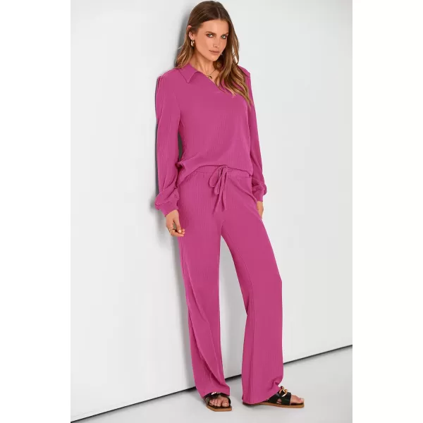 PRETTYGARDEN Womens Fall Clothes Two Piece Outfit Set Long Sleeve Lapel V Neck Tops Blouses Wide Leg Pants Ribbed TracksuitRose Red