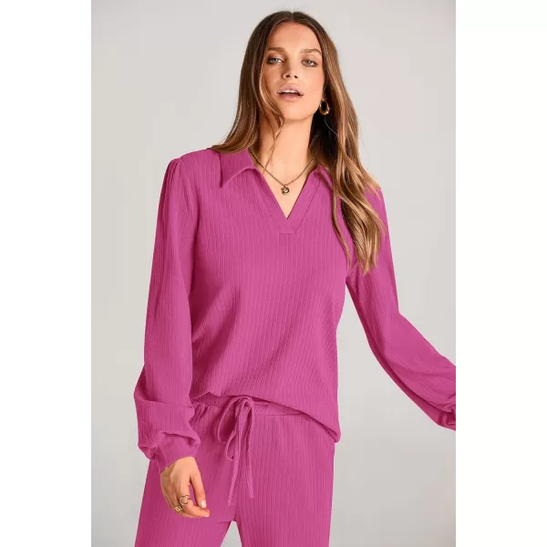 PRETTYGARDEN Womens Fall Clothes Two Piece Outfit Set Long Sleeve Lapel V Neck Tops Blouses Wide Leg Pants Ribbed TracksuitRose Red
