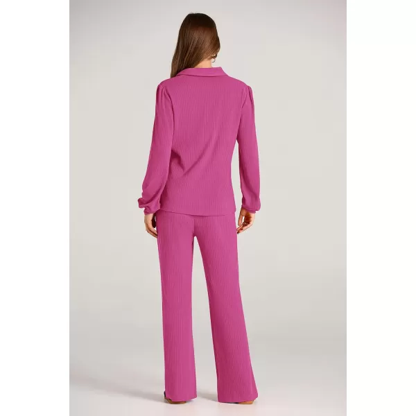 PRETTYGARDEN Womens Fall Clothes Two Piece Outfit Set Long Sleeve Lapel V Neck Tops Blouses Wide Leg Pants Ribbed TracksuitRose Red