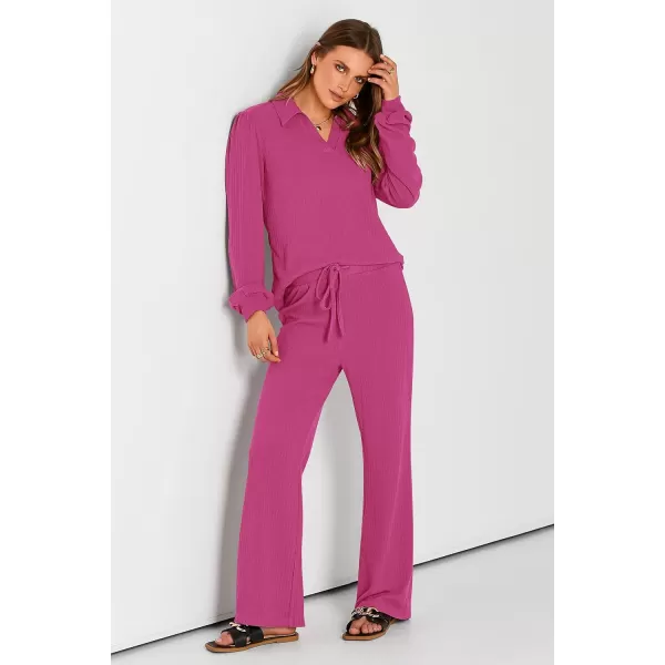 PRETTYGARDEN Womens Fall Clothes Two Piece Outfit Set Long Sleeve Lapel V Neck Tops Blouses Wide Leg Pants Ribbed TracksuitRose Red