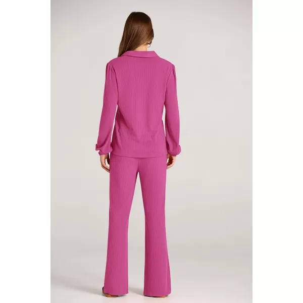 PRETTYGARDEN Womens Fall Clothes Two Piece Outfit Set Long Sleeve Lapel V Neck Tops Blouses Wide Leg Pants Ribbed TracksuitRose Red