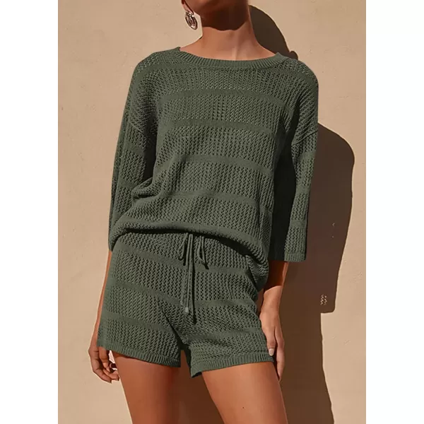 PRETTYGARDEN Womens Summer 2 Piece Swimsuit Coverup Hollow Out Knit Half Sleeve Tops Shorts Sets Bathing Suit Beach OutfitsArmy Green