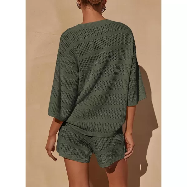 PRETTYGARDEN Womens Summer 2 Piece Swimsuit Coverup Hollow Out Knit Half Sleeve Tops Shorts Sets Bathing Suit Beach OutfitsArmy Green