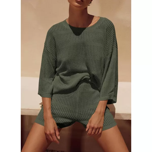 PRETTYGARDEN Womens Summer 2 Piece Swimsuit Coverup Hollow Out Knit Half Sleeve Tops Shorts Sets Bathing Suit Beach OutfitsArmy Green