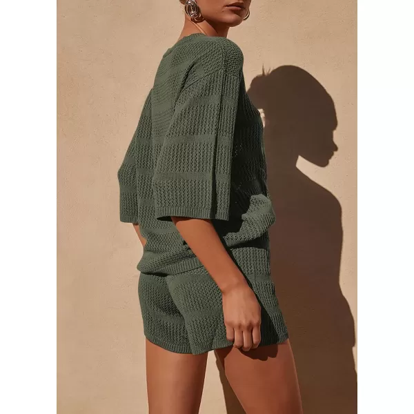 PRETTYGARDEN Womens Summer 2 Piece Swimsuit Coverup Hollow Out Knit Half Sleeve Tops Shorts Sets Bathing Suit Beach OutfitsArmy Green